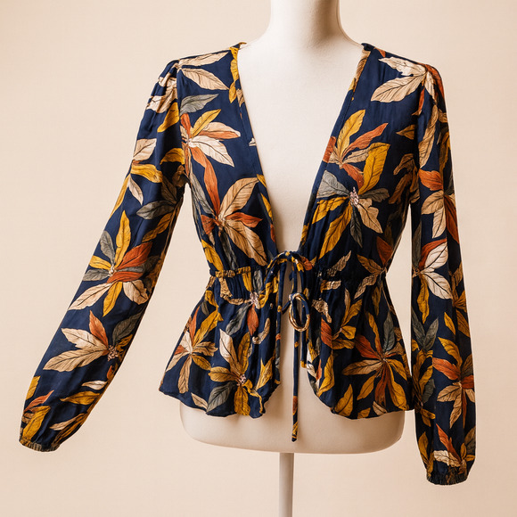 Endless Blue L Boho Blouse Navy  Cottagecore Peplum Vintage Inspired Festival - Picture 1 of 13